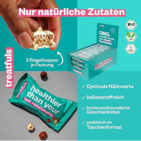Treatfuls Healthier Than Your Last Relationship - vegan organic bar with hazelnuts and white coating with xylitol