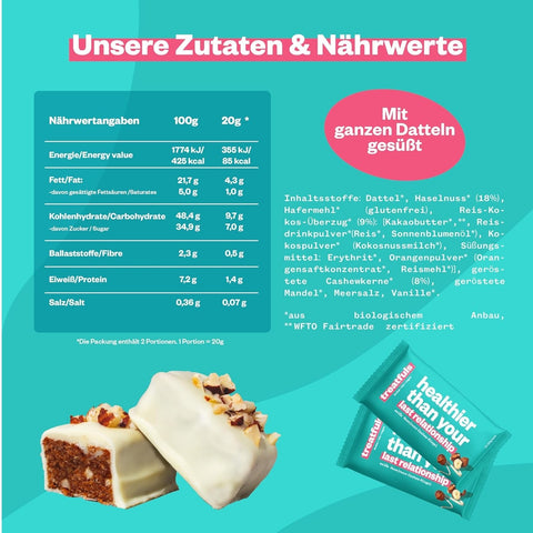 Treatfuls Healthier Than Your Last Relationship - vegan organic bar with hazelnuts and white coating with xylitol