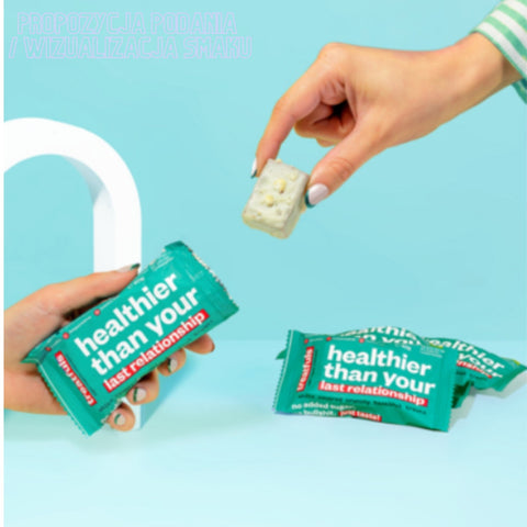 Treatfuls Healthier Than Your Last Relationship - vegan organic bar with hazelnuts and white coating with xylitol