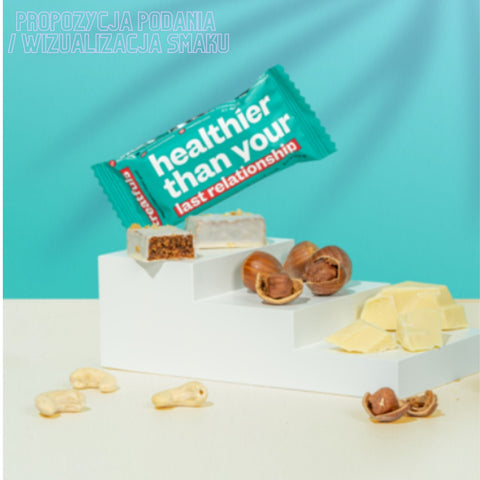Treatfuls Healthier Than Your Last Relationship - vegan organic bar with hazelnuts and white coating with xylitol