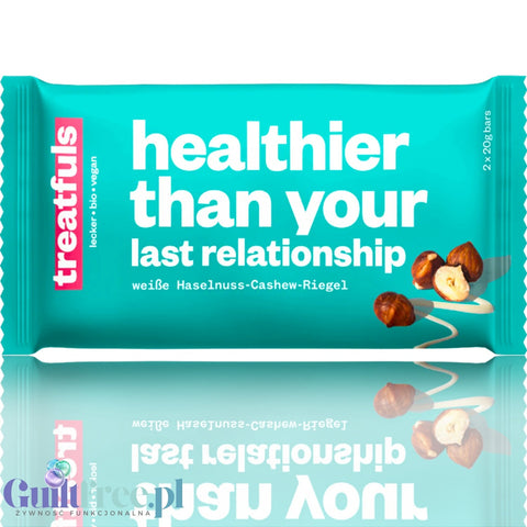 Treatfuls Healthier Than Your Last Relationship - wegański batonik organiczny z orzechami laskowymi i białą polewą z ksylitolem