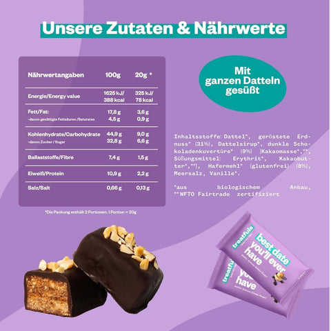Treatfuls Best Date You'll Ever Have - wegański organiczny batonik z orzeszkami i soloną gorzką czekoladą bez dodatku cukru