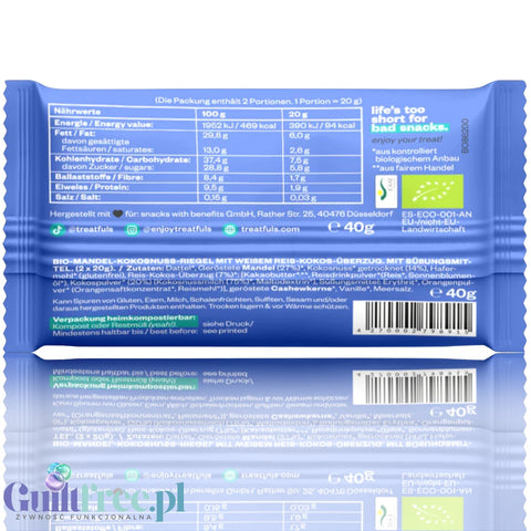 Treatfuls Sweeter Than Your Ex - wegański bio batonik z migdałami, cashew w białej 'czekoladzie' bez mleka z ksylitolem