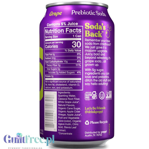 Poppi Prebiotic Soda Grape 355ml – a functional drink with fiber, stevia, and apple cider vinegar
