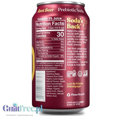 Poppi Prebiotic Soda Root Beer 355ml – a functional drink with fiber, stevia, and apple cider vinegar