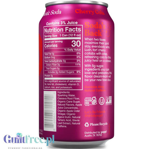 Poppi Prebiotic Soda Cherry Cola 355ml – a functional drink with fiber, stevia, and apple cider vinegar