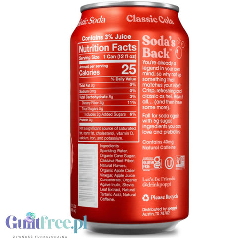 Poppi Prebiotic Soda Classic Cola 355ml – a functional drink with fiber, stevia, and apple cider vinegar