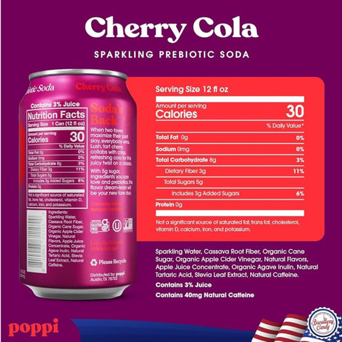 Poppi Prebiotic Soda Cherry Cola 355ml – a functional drink with fiber, stevia, and apple cider vinegar