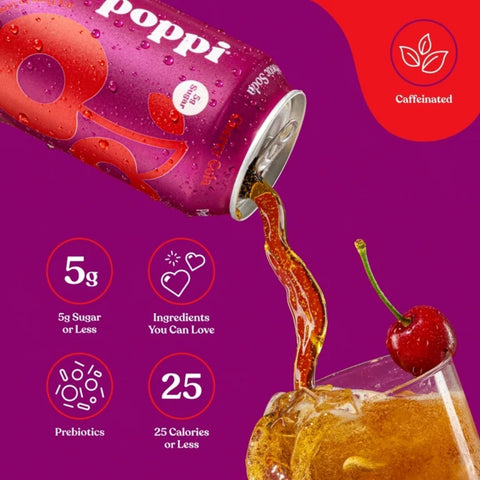 Poppi Prebiotic Soda Cherry Cola 355ml – a functional drink with fiber, stevia, and apple cider vinegar