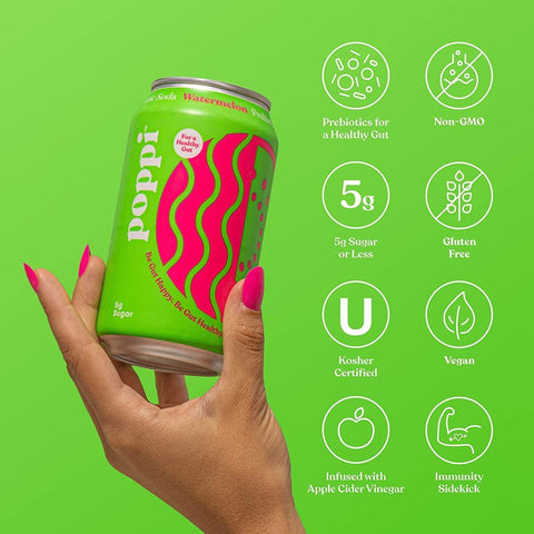 Poppi Prebiotic Soda Watermelon 355ml – a functional drink with fiber, stevia, and apple cider vinegar