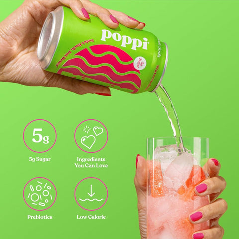 Poppi Prebiotic Soda Watermelon 355ml – a functional drink with fiber, stevia, and apple cider vinegar