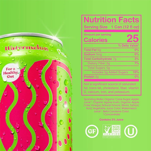 Poppi Prebiotic Soda Watermelon 355ml – a functional drink with fiber, stevia, and apple cider vinegar