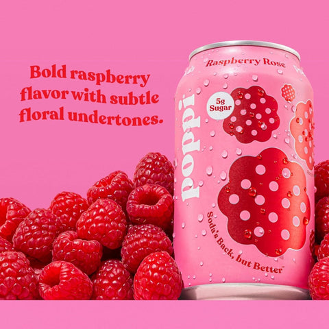 Poppi Prebiotic Soda Raspberry Rose 355ml - funkcjonalny napój z błonnikiem, stewią i octem jabłkowym