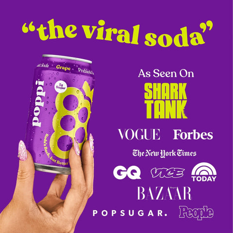 Poppi Prebiotic Soda Grape 355ml – a functional drink with fiber, stevia, and apple cider vinegar