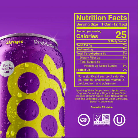 Poppi Prebiotic Soda Grape 355ml – a functional drink with fiber, stevia, and apple cider vinegar