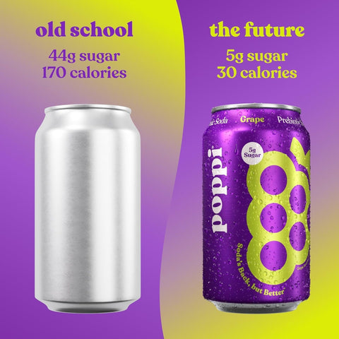 Poppi Prebiotic Soda Grape 355ml – a functional drink with fiber, stevia, and apple cider vinegar