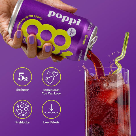 Poppi Prebiotic Soda Grape 355ml – a functional drink with fiber, stevia, and apple cider vinegar