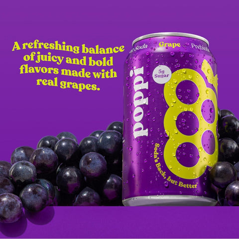Poppi Prebiotic Soda Grape 355ml – a functional drink with fiber, stevia, and apple cider vinegar