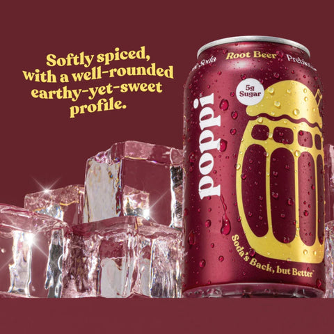 Poppi Prebiotic Soda Root Beer 355ml – a functional drink with fiber, stevia, and apple cider vinegar