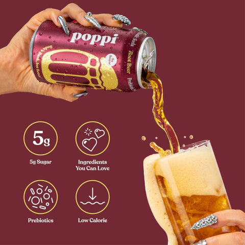 Poppi Prebiotic Soda Root Beer 355ml – a functional drink with fiber, stevia, and apple cider vinegar