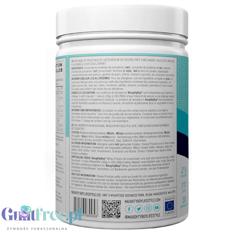 Naughty Boy Whey Premium Protein Cinnamon Bun 900g - a rich protein supplement containing WPI, WPC, and MPC