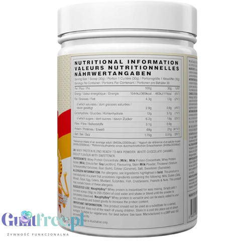 Naughty Boy Whey Premium Protein White Chocolate Caramel Biscuit 900g - a thick protein supplement containing WPI, WPC, and MPC