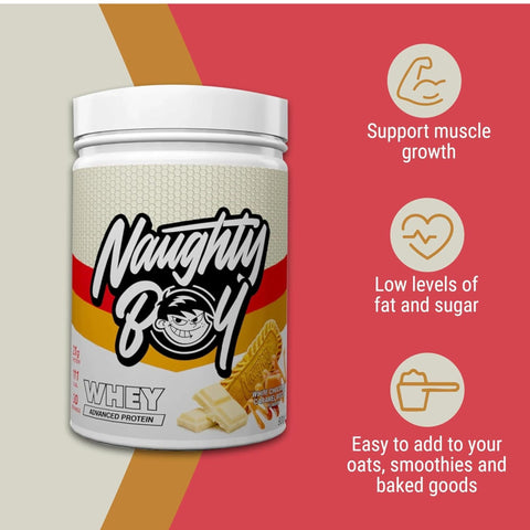 Naughty Boy Whey Premium Protein White Chocolate Caramel Biscuit 900g - a thick protein supplement containing WPI, WPC, and MPC