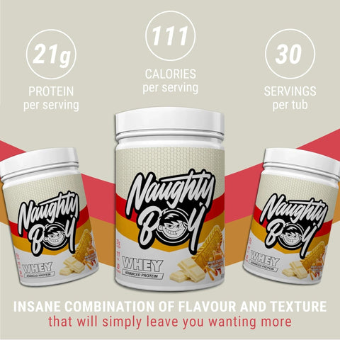 Naughty Boy Whey Premium Protein White Chocolate Caramel Biscuit 900g - a thick protein supplement containing WPI, WPC, and MPC