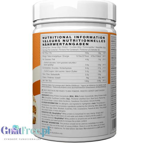 Naughty Boy Whey Premium Protein Frosted Carrot Cake 900g - a rich protein supplement containing WPI, WPC, and MPC