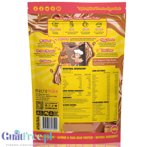 Macro Mike Almond Protein, Choc Honeycomb, 400g - wegańska migdałowa odżywka białkowa bez glutenu, mleka i sukralozy