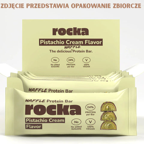 Rocka Nutrition Waffle Protein Bar Pistachio Cream - wegański wafelek białkowy z nadzieniem pistacjowym bez dodatku cukru