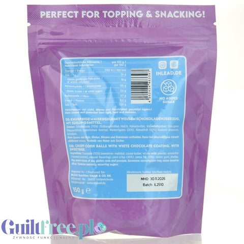 Inlead Crispy Rocks White Choc - sugar-free crispy corn balls coated in white chocolate