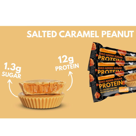 Nutry Nuts Peanut Butter Cups Salted Caramel - Protein Cups with 67% Less Sugar, White Chocolate & Peanut Butter