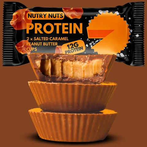 Nutry Nuts Peanut Butter Cups Salted Caramel - Protein Cups with 67% Less Sugar, White Chocolate & Peanut Butter