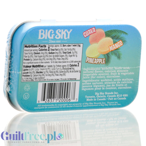 Big Sky Mints Tropical Mix - pudrowe pastylki bez cukru o smakach mango, ananasa i gujawy