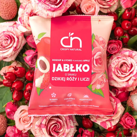 Crispy Natural o Smaku Dzikiej Róży i Liczi XXL - chrupiące plastry jabłka o smaku dzikiej róży i liczi edycja limitowana