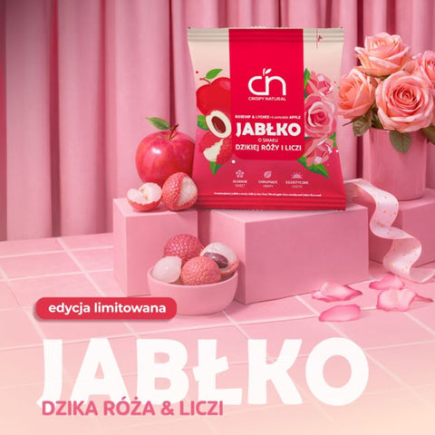Crispy Natural o Smaku Dzikiej Róży i Liczi XXL - chrupiące plastry jabłka o smaku dzikiej róży i liczi edycja limitowana