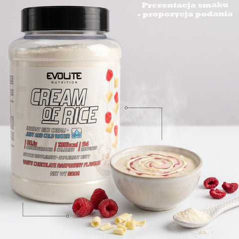 Evolite Nutrition Cream of Rice White Chocolate Raspberry 900g - węglowodanowy kleik ryżowy na zimno bez gotowania