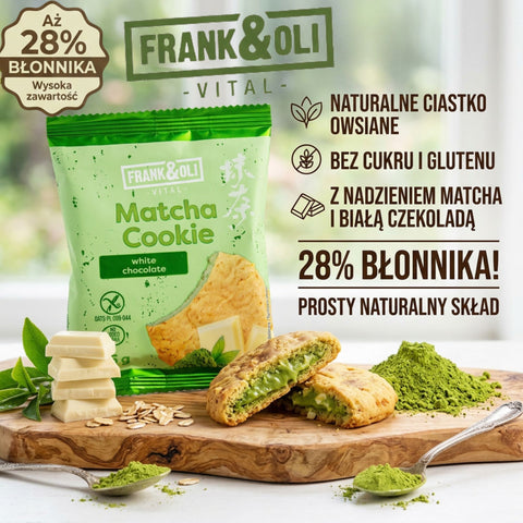 Frank & Oli Vital Matcha Cookie White Chocolate - gluten free oatmeal cookie without added sugar with matcha and white chocolate