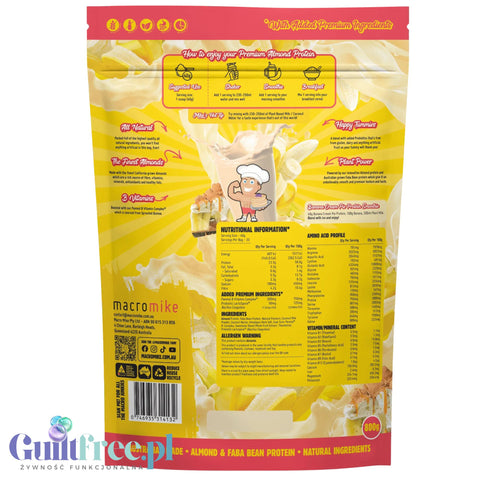 Macro Mike Almond Plant Protein, Banana Cream Pie, 800g - wegańska migdałowa odżywka białkowa bez glutenu, mleka i sukralozy