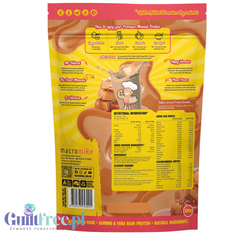 Macro Mike Almond Plant Protein, Salted Caramel 800g - wegańska migdałowa odżywka białkowa bez glutenu, mleka i sukralozy