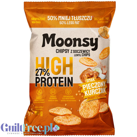 Moonsy High Protein 27%, Pieczony Kurczak - cieniutkie chipsy z soczewicy 50% mniej tłuszczu
