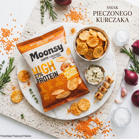 Moonsy High Protein 27%, Pieczony Kurczak - cieniutkie chipsy z soczewicy 50% mniej tłuszczu