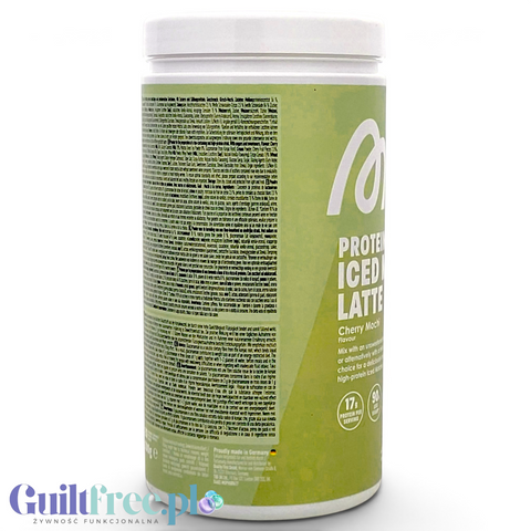 Opakowanie Guiltfree More Nutrition Protein Iced Matcha Latte o smaku wiśniowego mochi, widok z boku na etykietę.