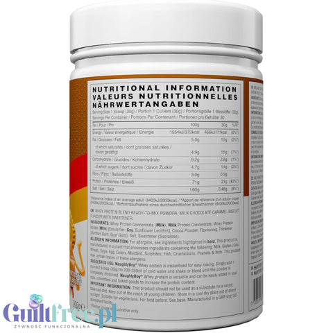 Naughty Boy Whey Protein Milk Chocolate Caramel Biscuit 900g - gęsta odżywka białkowa WPI, WPC & MPC