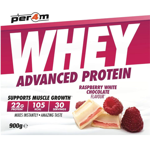 Per4m Whey Advanced Protein Raspberry White Chocolate 900g - gęsta odżywka białkowa WPC, WPI & MPC, Biała Czekolada & Maliny