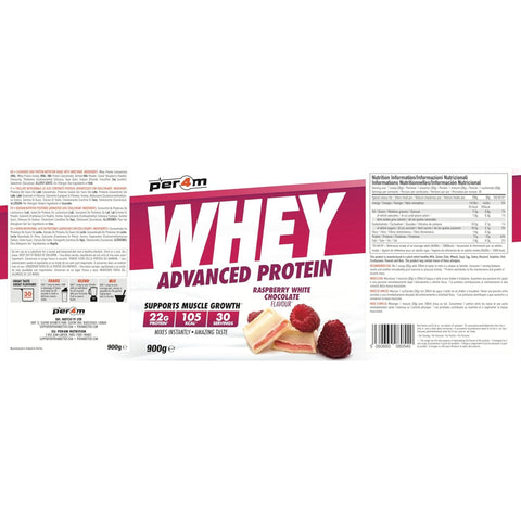 Per4m Whey Advanced Protein Raspberry White Chocolate 900g - gęsta odżywka białkowa WPC, WPI & MPC, Biała Czekolada & Maliny