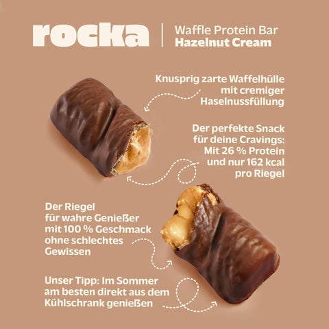 Rocka Nutrition Waffle Protein Bar Hazelnut Cream - wegański wafelek białkowy z nadzieniem laskowym bez dodatku cukru