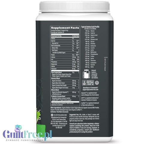 Sunwarrior Active Protein Organic Unflavored 884 g - organiczna wegańska odżywka białkowa