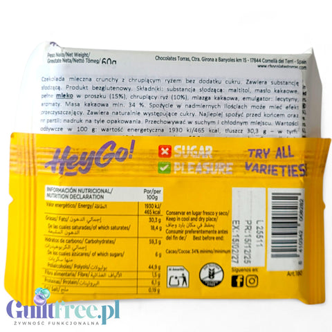 Torras Hey Go! Crunchy Rice - sugar-free milk chocolate with crispy rice